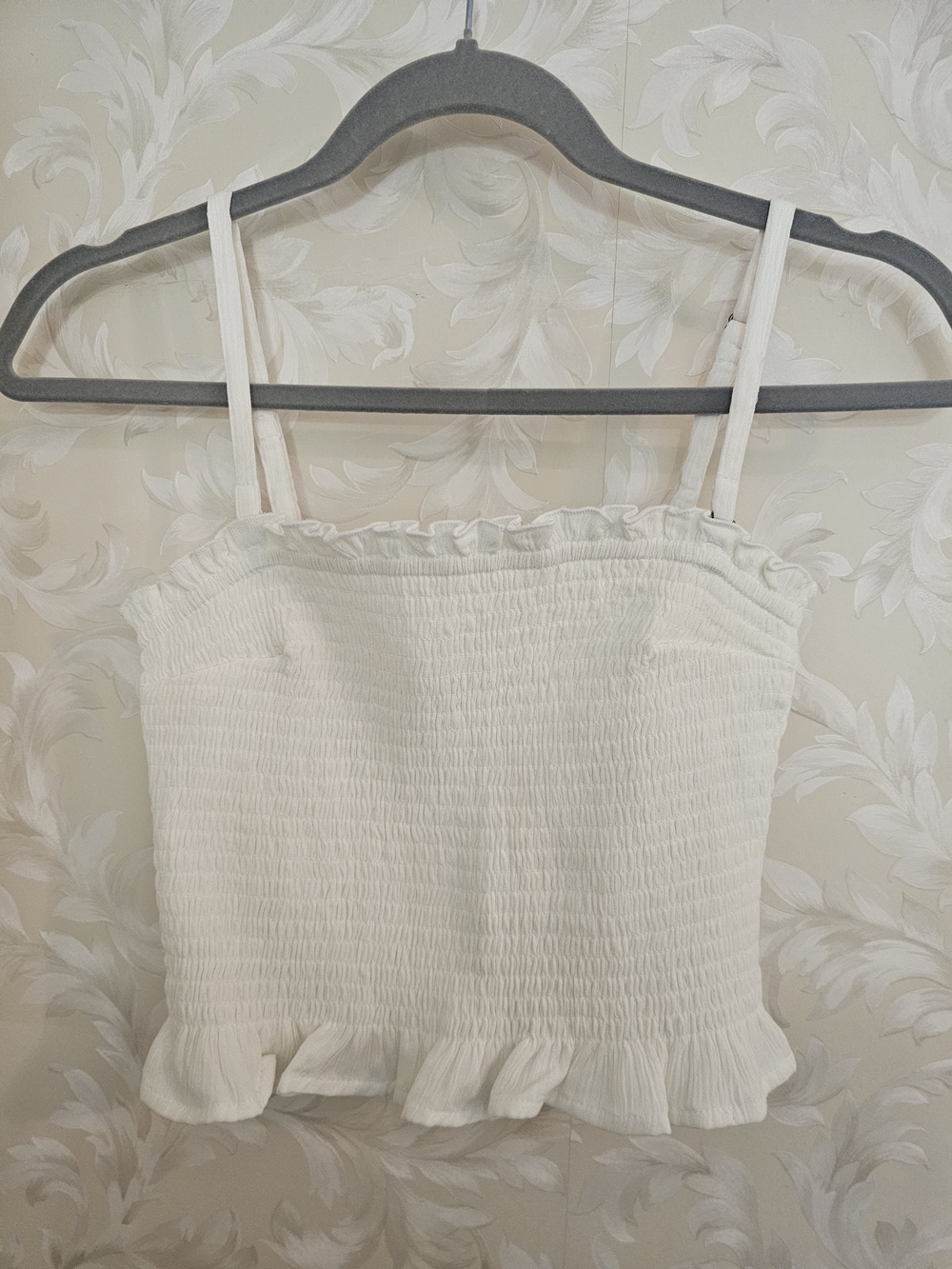 Hollister White Smocked Ruffle Crop Cami